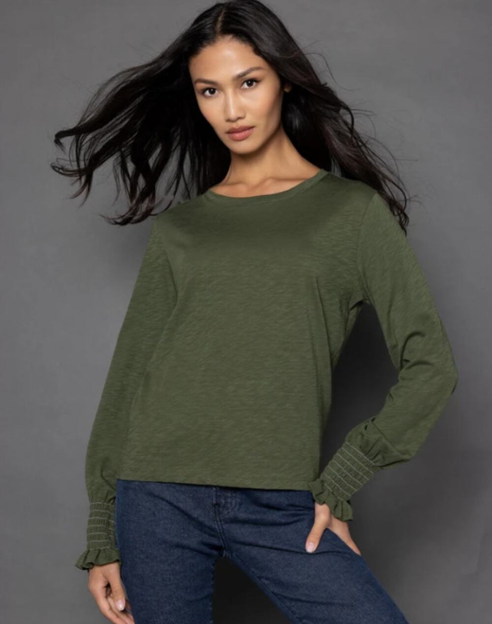 Lisa Todd Forest Green Cotton Long Sleeve Blouse Top Women's size Medium